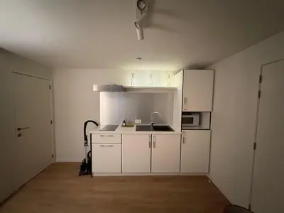 a kitchen with white cabinets and a white refrigerator at Briefstreet - Louvain in Leuven