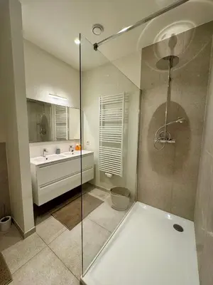 a bathroom with a glass shower and a sink at The 9th Street Residence in Brussels