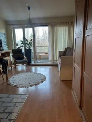 a living room with wooden floors and a large window at Modern Studio with Terrace Woluwe-Saint-Lambert in Brussels