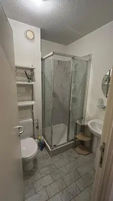 a bathroom with a shower and a toilet and a sink at Modern Studio with Terrace Woluwe-Saint-Lambert in Brussels