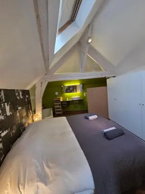 a bedroom with a large bed in a attic at Strole's House in Ghent