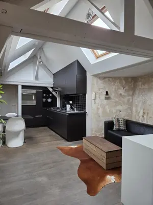 a living room with a black couch and a kitchen at Strole's House in Ghent