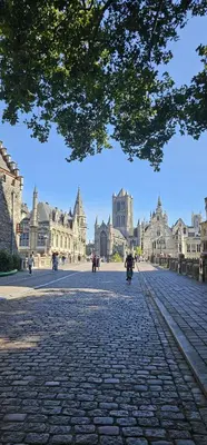 a large castle with a person riding a bike in the street at Strole's House in Ghent
