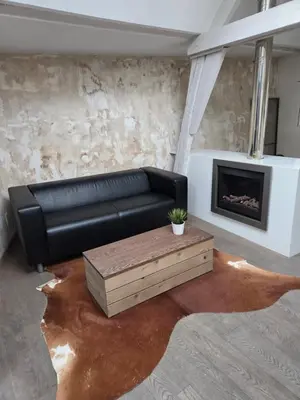 a black leather couch in a living room with a fireplace at Strole's House in Ghent