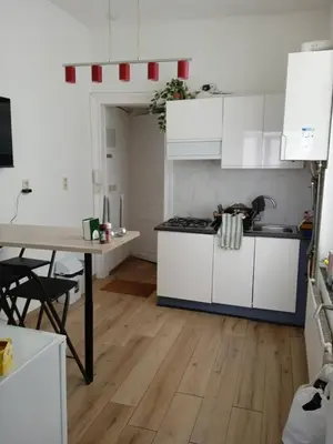 a kitchen with white cabinets and a wooden floor at Nest in Brussels in Brussels