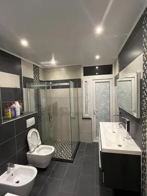 a bathroom with two sinks and a shower and a toilet at A soothing nest in Brussels