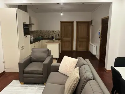 a living room with a couch and a chair and a kitchen at A soothing nest in Brussels