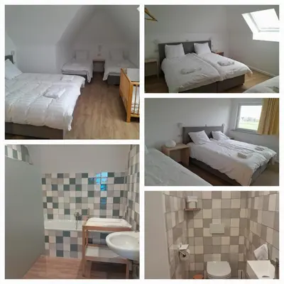 a collage of pictures of a bedroom with two beds and a sink at Vakantiehuis 't Alkeveld in Zottegem