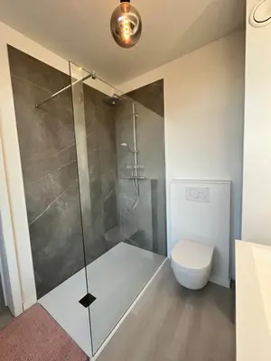 a bathroom with a shower and a toilet at Holiday Home La Petite Maison in Ghent
