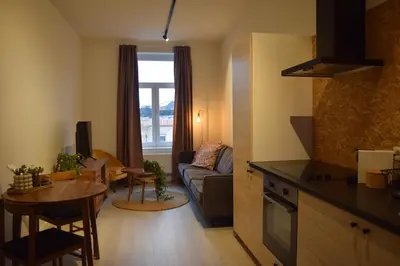 a kitchen and living room with a couch and a table at Holiday Home La Petite Maison in Ghent