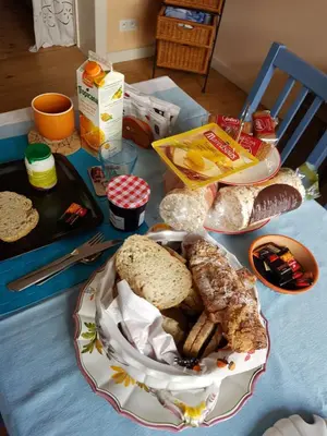 a table topped with a plate of bread and sandwiches at Guest House Dasos Kynthos in Brussels