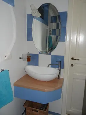a bathroom with a white sink and a mirror at Guest House Dasos Kynthos in Brussels