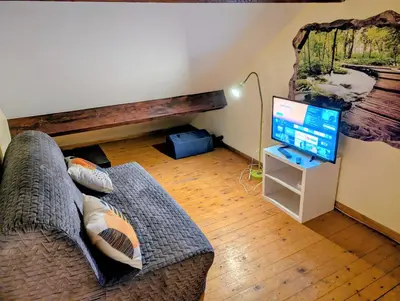a living room with a couch and a flat screen tv at Duplex 3BR apartment near supermarkets & metro in Brussels