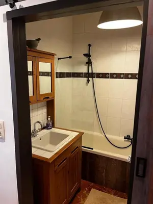 a bathroom with a tub and a sink and a shower at Ground floor in Brussels