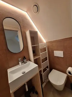 a bathroom with a toilet and a sink and a mirror at Funky Jungle house - Rustig gelegen rijwoning in hartje Mechelen in Mechelen