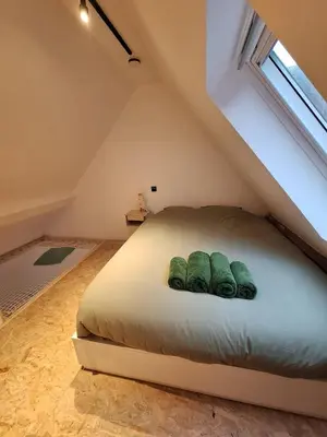 a bedroom with a bed in the attic at Funky Jungle house - Rustig gelegen rijwoning in hartje Mechelen in Mechelen