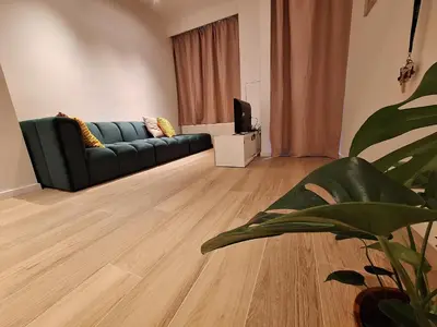 a living room with a couch and a television at Funky Jungle house - Rustig gelegen rijwoning in hartje Mechelen in Mechelen