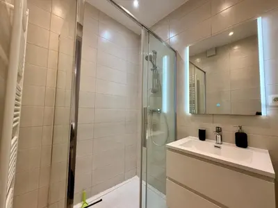 a bathroom with a shower and a sink and a mirror at Louise in Mellet