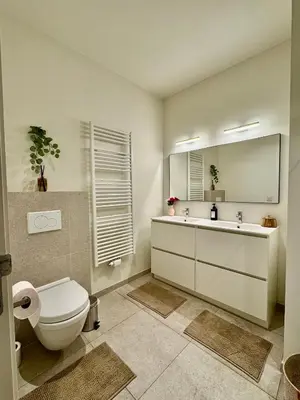 a bathroom with a toilet and a sink and a mirror at The Twin Suites Apartment in Brussels