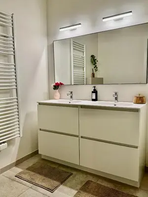 a bathroom with two sinks and a mirror at The Twin Suites Apartment in Brussels