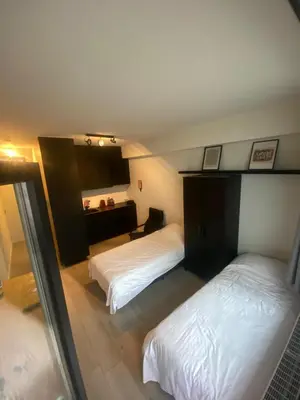 a hotel room with two beds and a mirror at Cosy Apartment in Antwerp in Antwerp