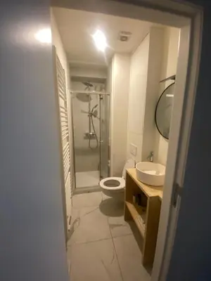a bathroom with a shower and a toilet and a sink at Cosy Apartment in Antwerp in Antwerp