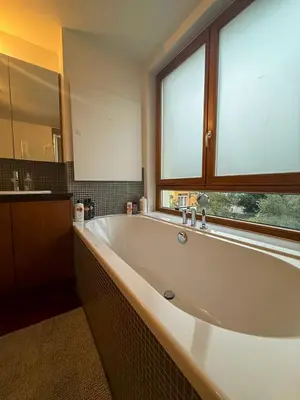 a large bath tub in a bathroom with a window at Un paradis au coeur de Bruxelles in Brussels