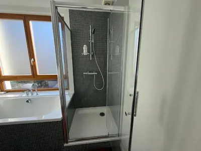 a bathroom with a shower and a bath tub at Un paradis au coeur de Bruxelles in Brussels