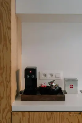 a kitchen with a counter with a coffee maker on it at A Place Antwerp - Boutique Suites & Flats - Leeuwenstraat 15 in Antwerp