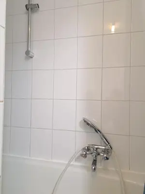 a bath tub with a shower head and a sink at De Peperbus in Lokeren