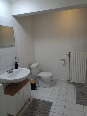 a bathroom with a sink and a toilet at De Peperbus in Lokeren
