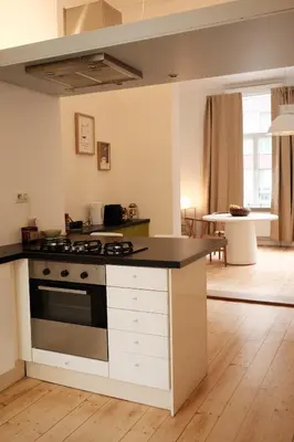 a kitchen with a stove and a counter top at Cozy Parisian-Style Flat in Antwerp Zuid in Antwerp