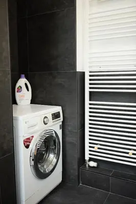a washer and dryer in a bathroom with a black wall at Cozy Parisian-Style Flat in Antwerp Zuid in Antwerp