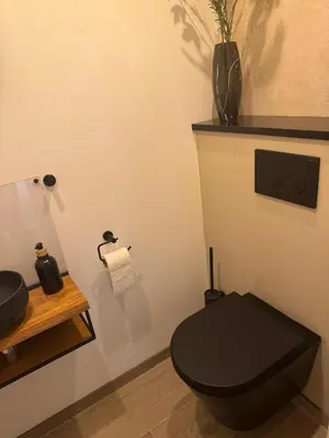a bathroom with a black toilet with a black seat at B&B Wellness Garden in Herzele