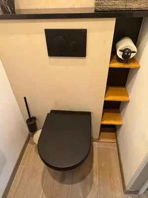 a bathroom with a black toilet in a room at B&B Wellness Garden in Herzele