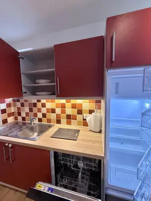 a small kitchen with a sink and a refrigerator at Schuman Square Residence in Brussels