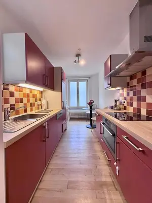 a kitchen with purple cabinets and a wooden floor at Schuman Square Residence in Brussels