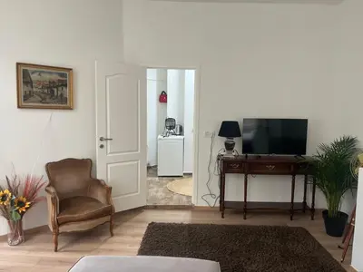 a living room with a chair and a television at Appartement Bruxelles 1 in Brussels
