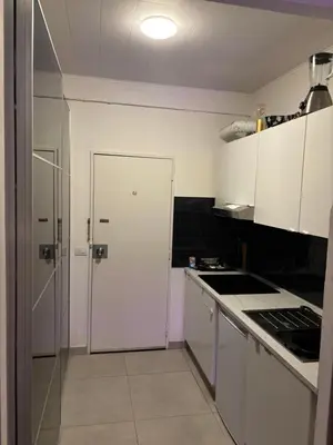 a kitchen with white cabinets and a white door at Design studio met hotel vibe in Antwerp