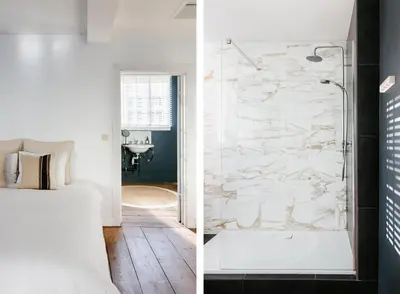a bathroom and a bedroom with a shower at The Collector's House in Antwerp