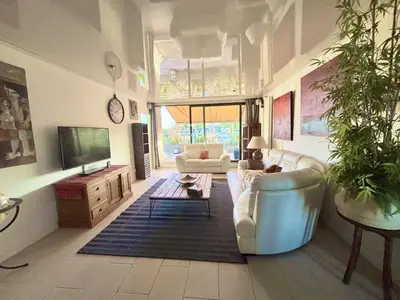 a living room with a couch and a tv at Vaste et somptueux appartement à Bruxelles in Brussels