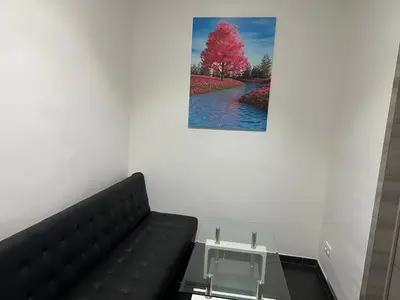 a black couch in a room with a picture on the wall at Luxurious Apartment in Brussels