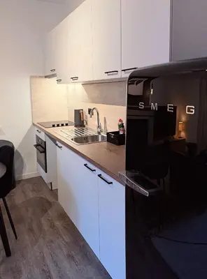 a kitchen with white cabinets and a black refrigerator at Modern 2-Bedroom Apartment for 4 Guests, In a Prime Location Close to the Train Station and the Historic Center of Ghent in Ghent