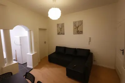 a living room with a black couch and a chandelier at Brussels City Fresh Oasis in Brussels