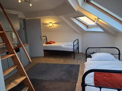 a attic room with two bunk beds and a ladder at apart studio no3 in Kortenberg