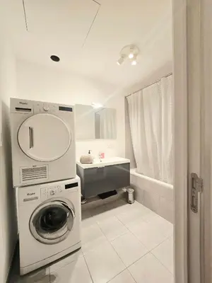 a bathroom with a washing machine and a sink at Appartement Cozy Pauli 2 in Brussels