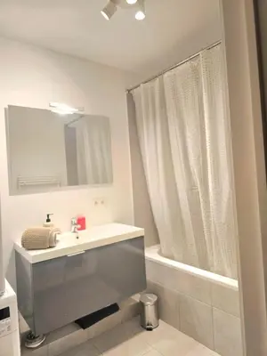 a bathroom with a sink and a mirror and a tub at Appartement Cozy Pauli 2 in Brussels