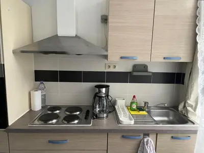 a small kitchen with a stove and a sink at Mini Urban Stay in Brussels