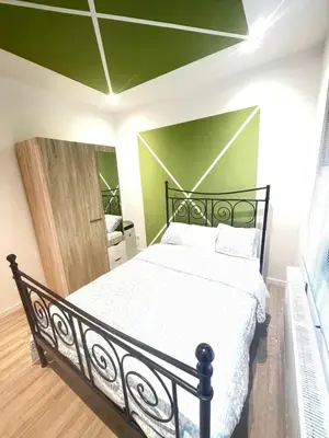 a bedroom with a black bed and a green wall at Jps house in Brussels