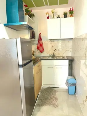 a kitchen with a stainless steel refrigerator and white cabinets at Jps house in Brussels